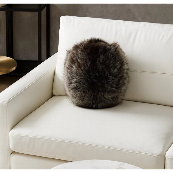Borscht Studio Other - Genuine Raccoon Fur Accent Pillow – Modern Round Luxe Home Decor Black